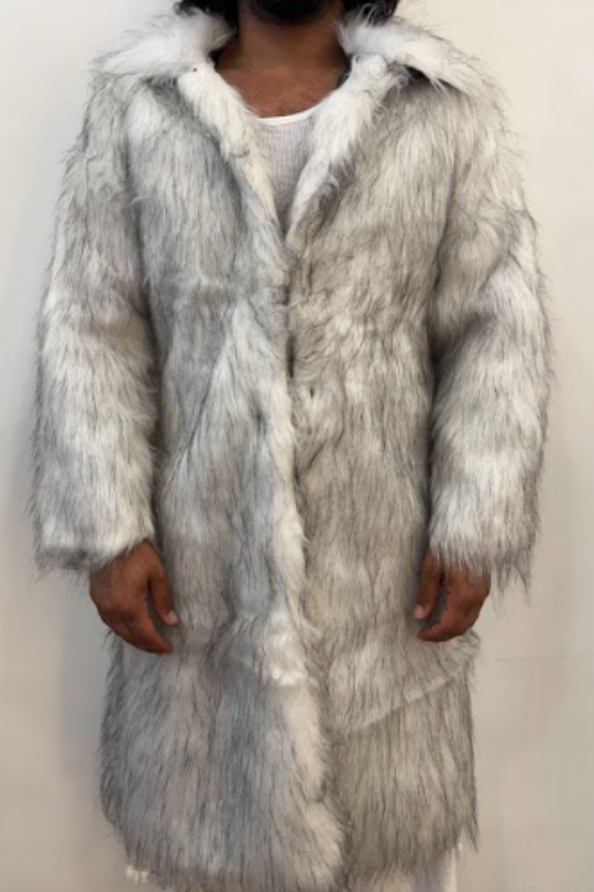 Long Grey & White Faux Fur Coat