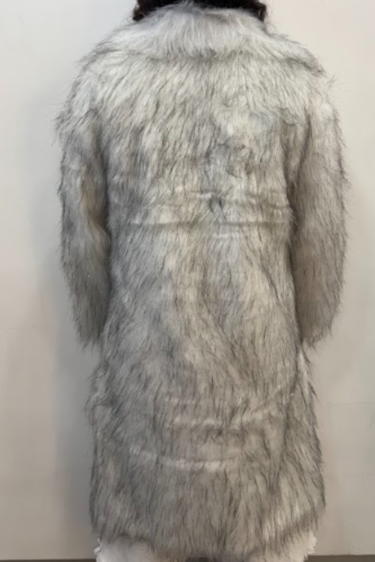 Long Grey & White Faux Fur Coat