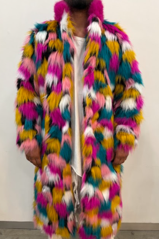 Long Multi Color Faux Fur Coat
