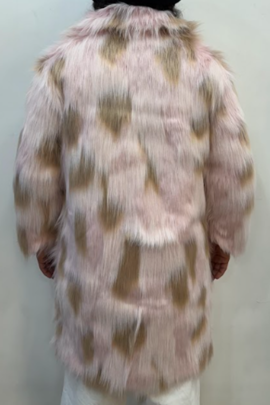 Pink and Brown Spot Printing Faux Fur Coat