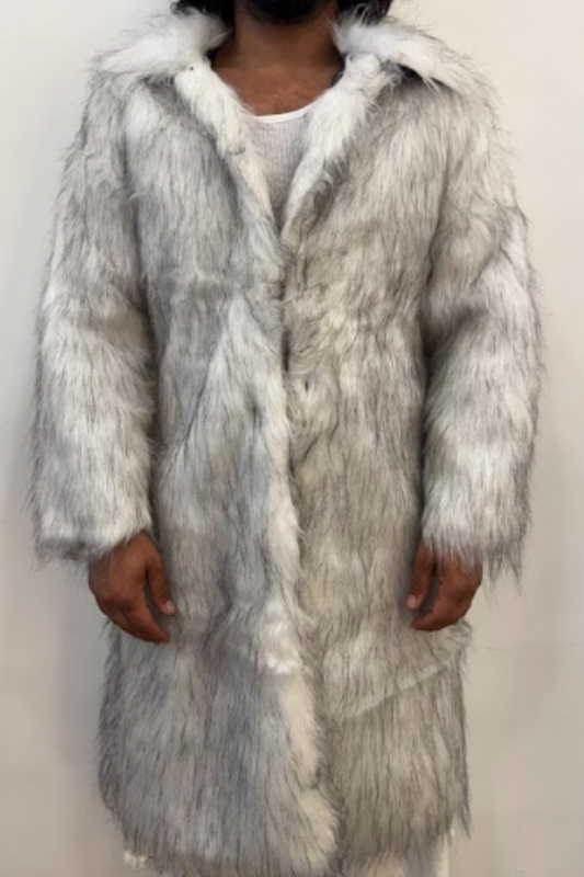 Long Grey & White Faux Fur Coat