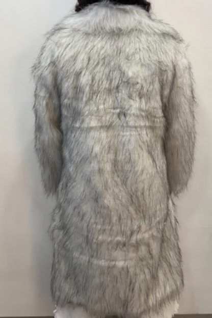 Long Grey & White Faux Fur Coat