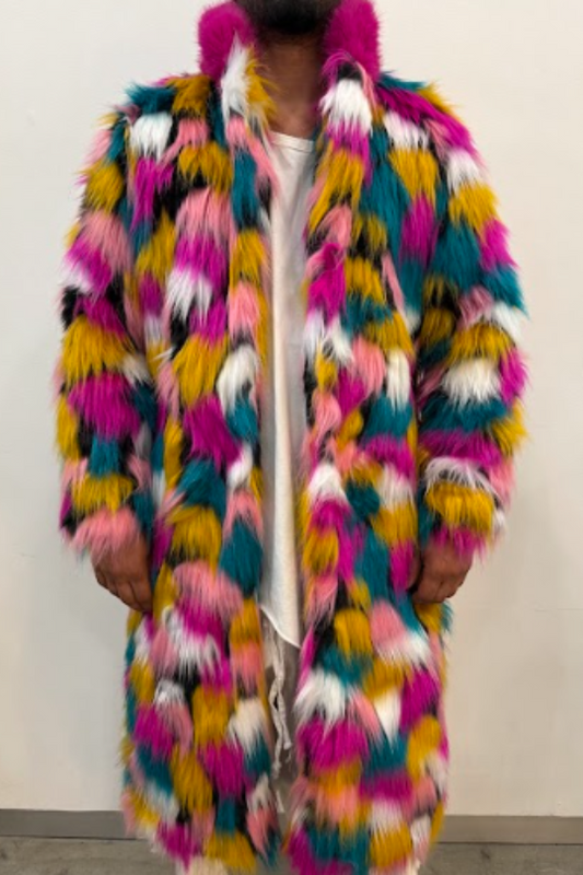 Long Multi Color Faux Fur Coat