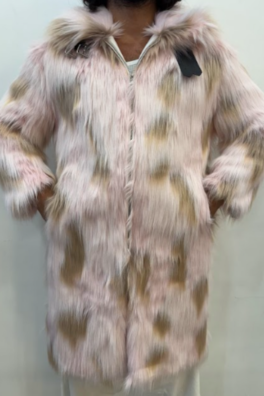 Pink and Brown Spot Printing Faux Fur Coat